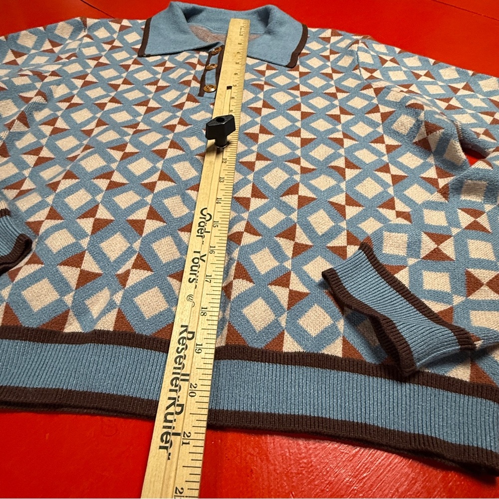 Cider Geometric Knit Polo Sweater in Light Blue, Brown, White - Picture 4 of 12